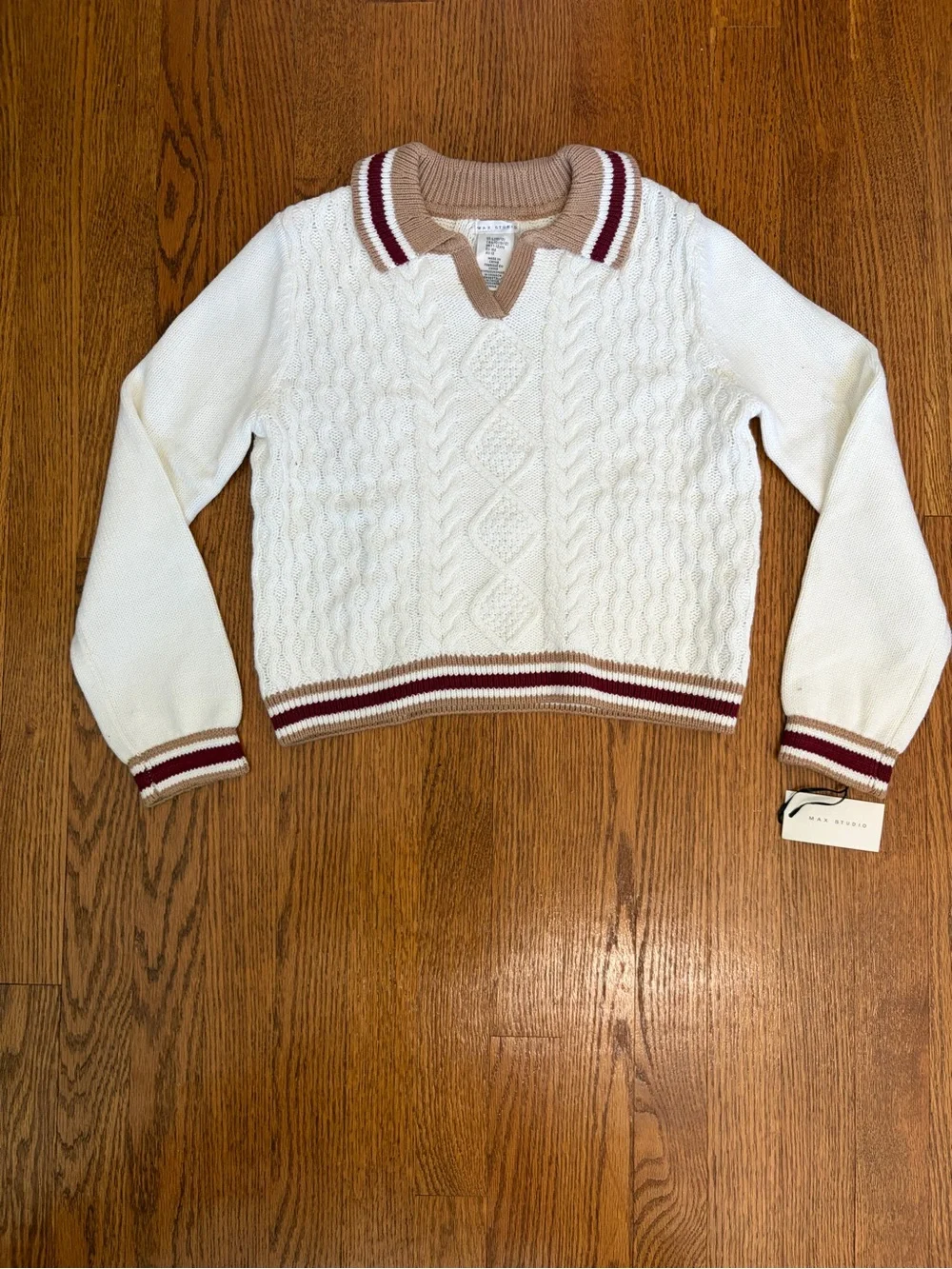 Max Studio 4pc Cable Knit Sweater and Tan Pleated Skirt Set w/ Burgundy Trim